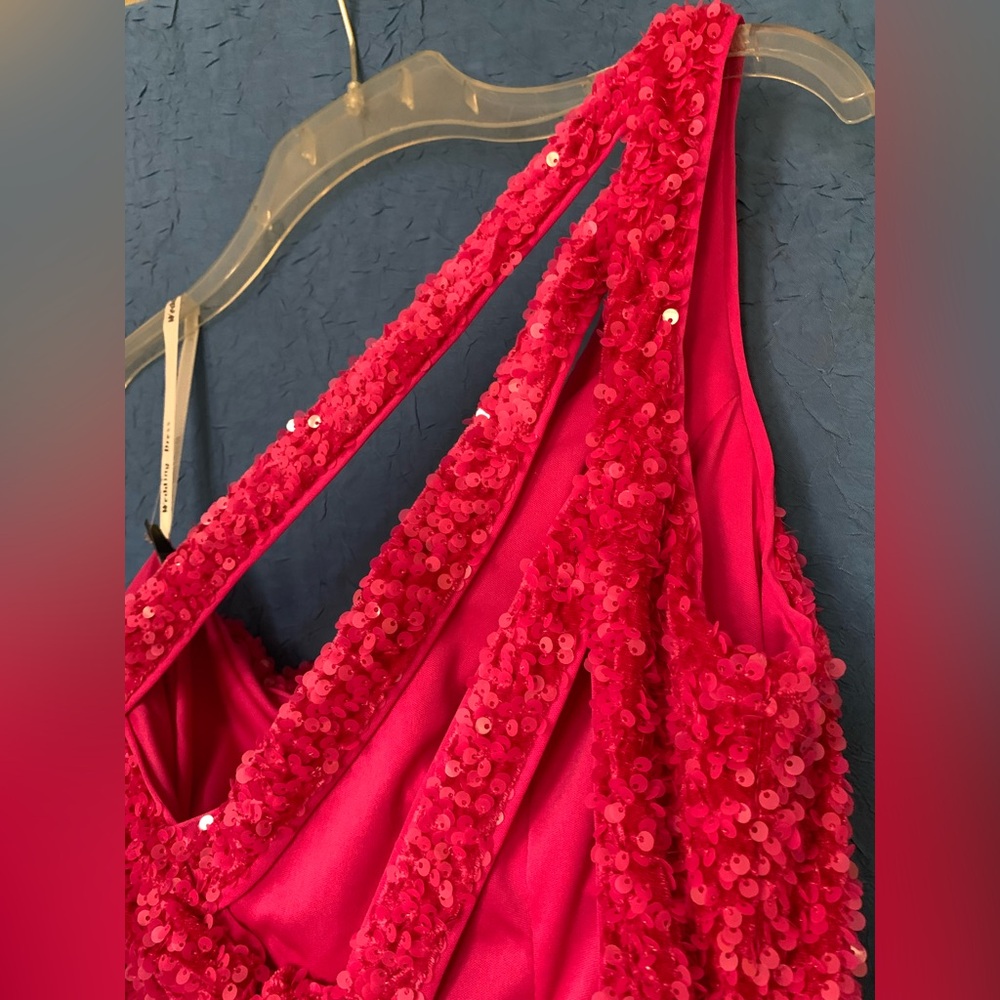 OneShoulder Column Sequin Gown Train Fuchsia Magenta Hot Pink Statement - Picture 12 of 15